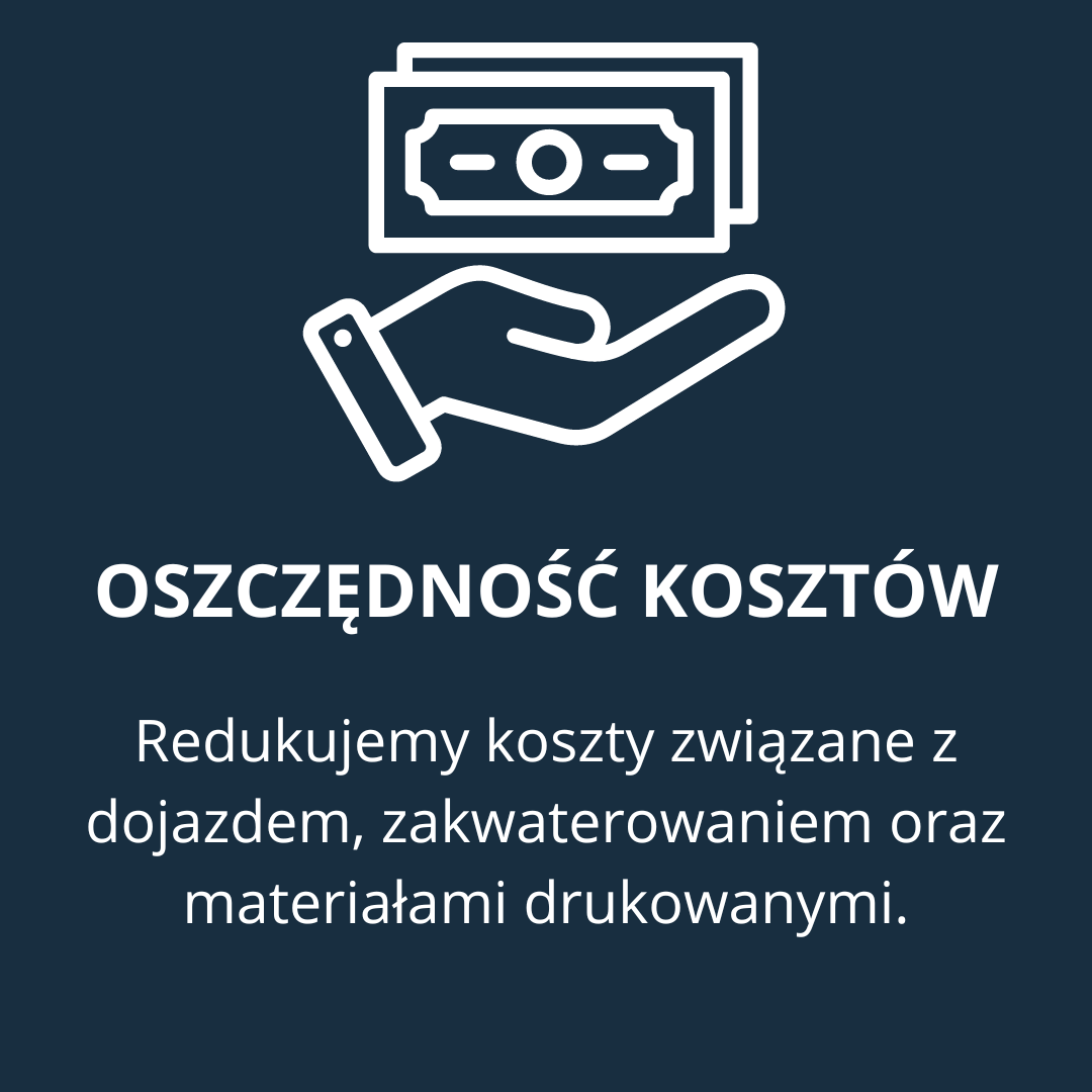 Oszczędność kosztów - Redukuje koszty związane z dojazdem, zakwaterowaniem oraz materiałami drukowanymi.