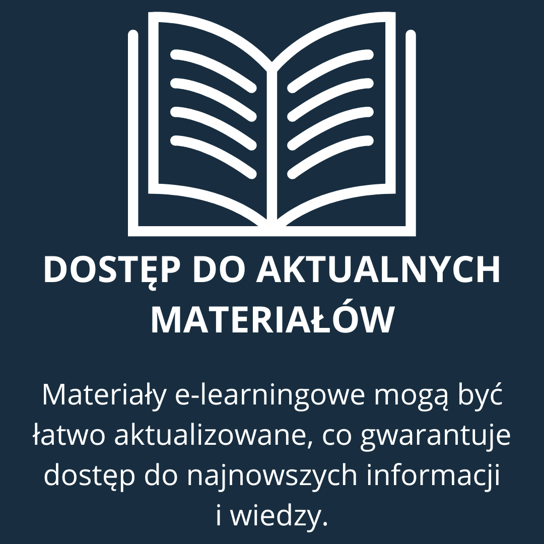 Dostęp do aktualnych materiałów - Materiały e-learningowe mogą być łatwo aktualizowane, co gwarantuje dostęp do najnowszych informacji i wiedzy.