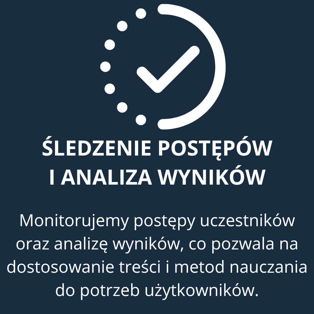 Śledzenie postępów i analiza wyników - Umożliwia monitorowanie postępów uczestników oraz analizę wyników, co pozwala na dostosowanie treści i metod nauczania do potrzeb użytkowników.